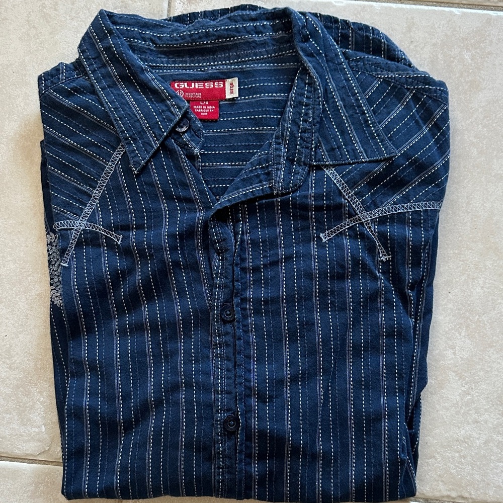 Guess Dark Blue Striped Dress Shirt Large